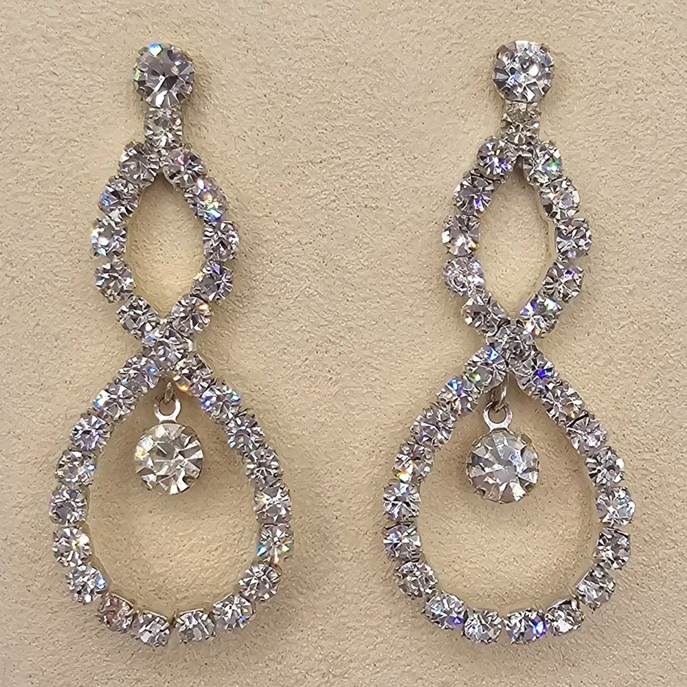 Y2K Clear Crystal Rhinestone Double Teardrop Drop Earrings Formal Bridal Sparkle - Picture 1 of 15